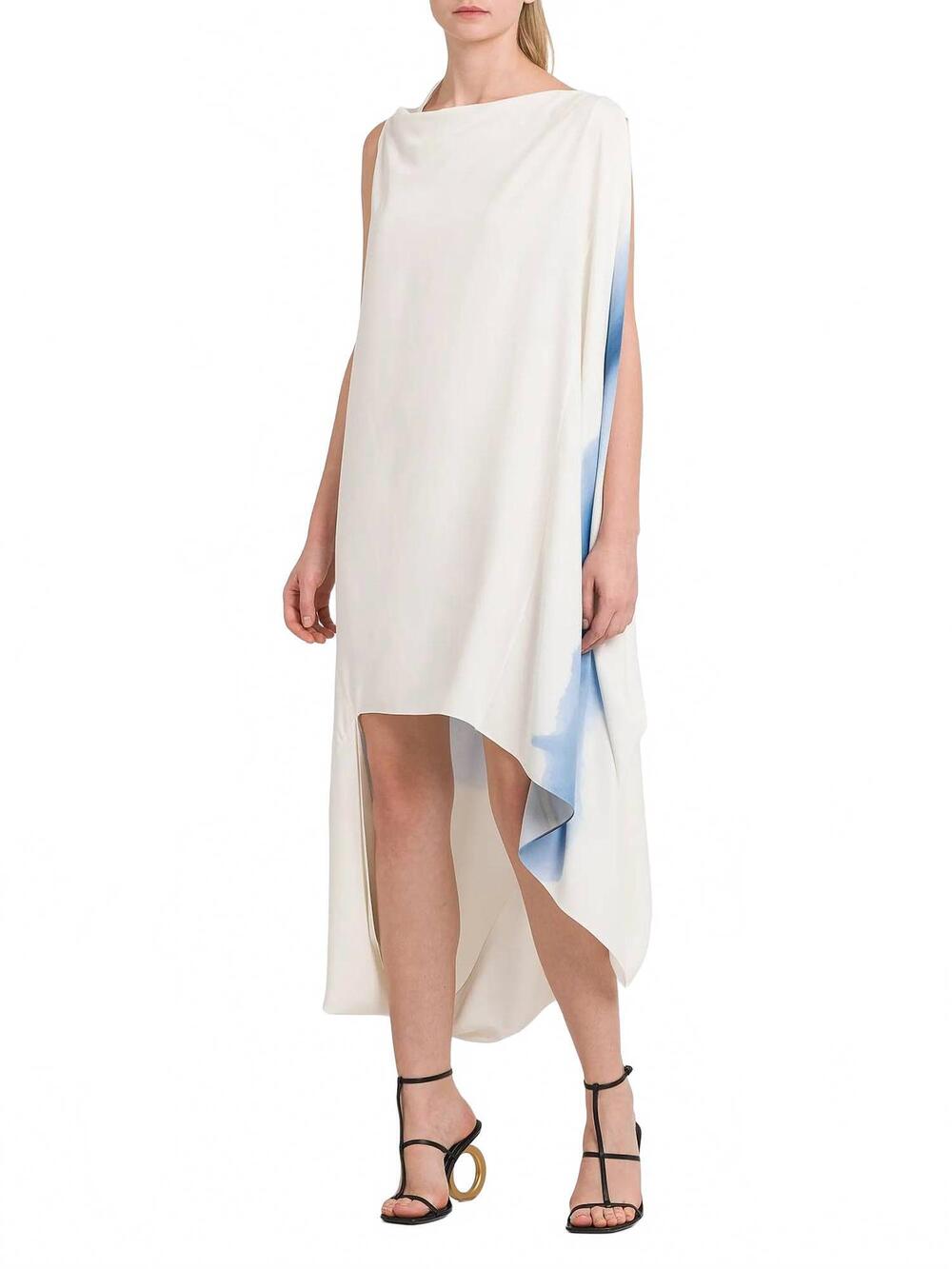 NEW SALVATORE FERRAGAMO degrade-print draped high-low dress in sky blue indigo o